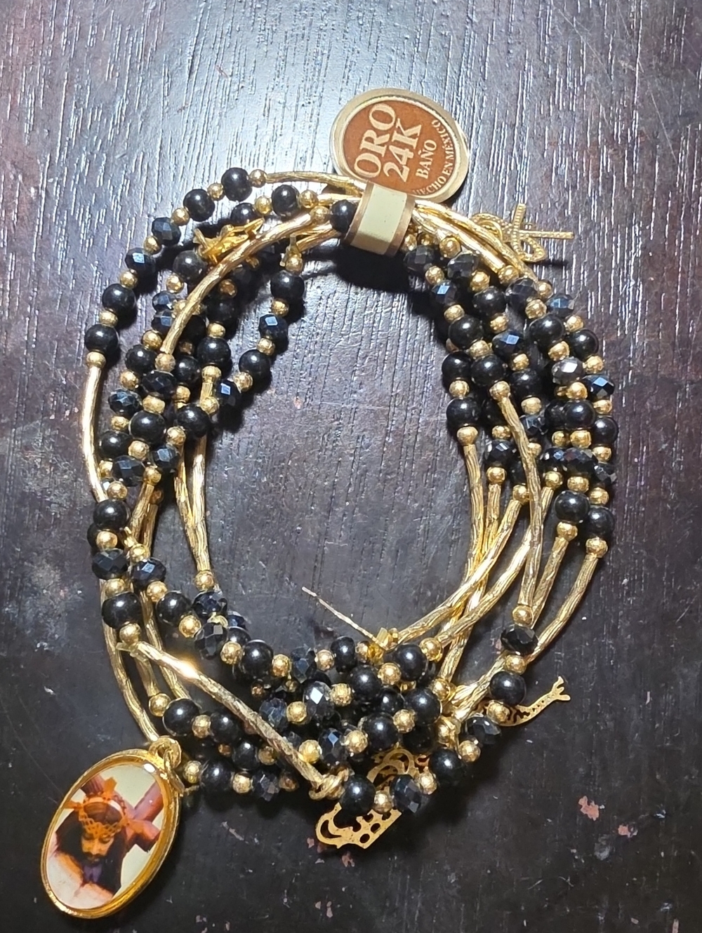 ORO2AK Gold and Black Multi-Strand Beaded Bracelet with Pendant